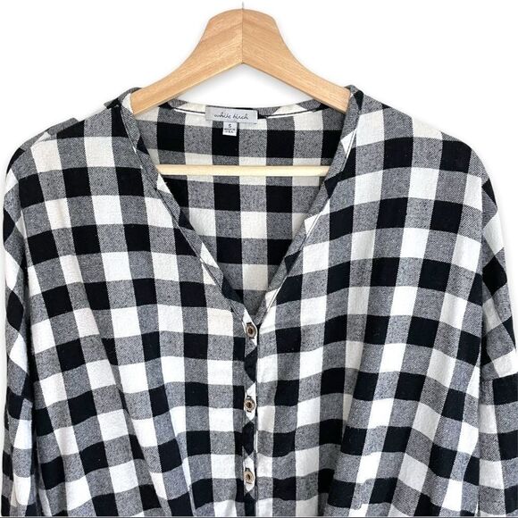 Buffalo Plaid Black and White V Neck Button Down - Picture 2 of 5